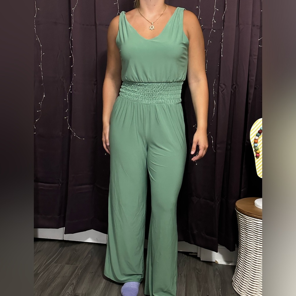 Sage Smocked Sleeveless v-neck jumpsuit with waist warp back